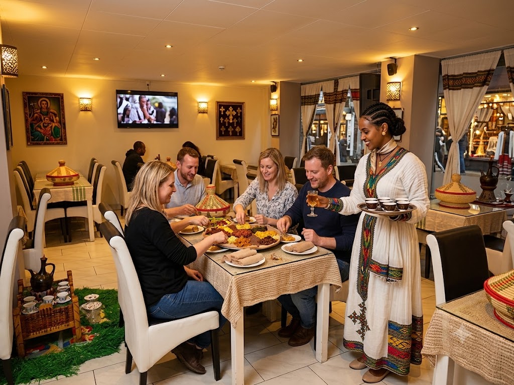 Guests sharing a meal inside Mama-Cuisine Habesha